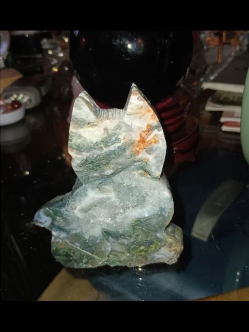 Moss Agate Cat Green & White Stone Figurine